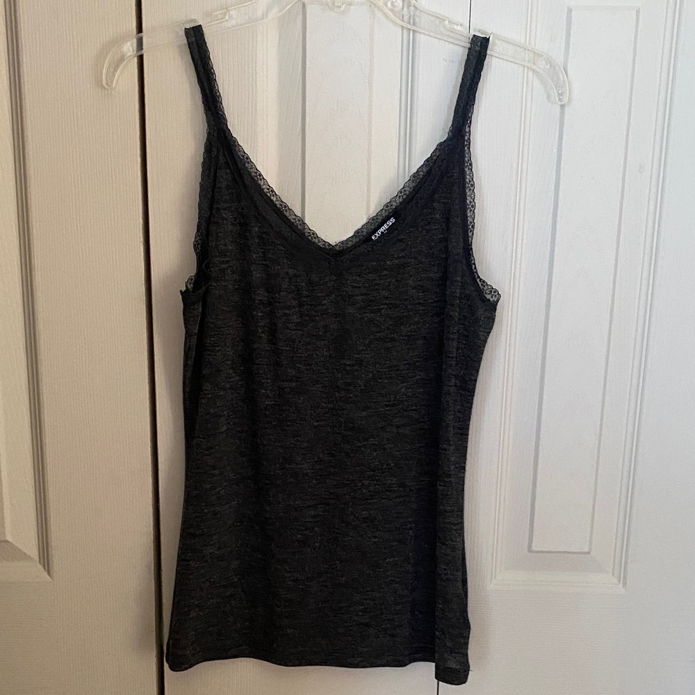 Express Dark grey Lace Trim double V-neck Tank Top